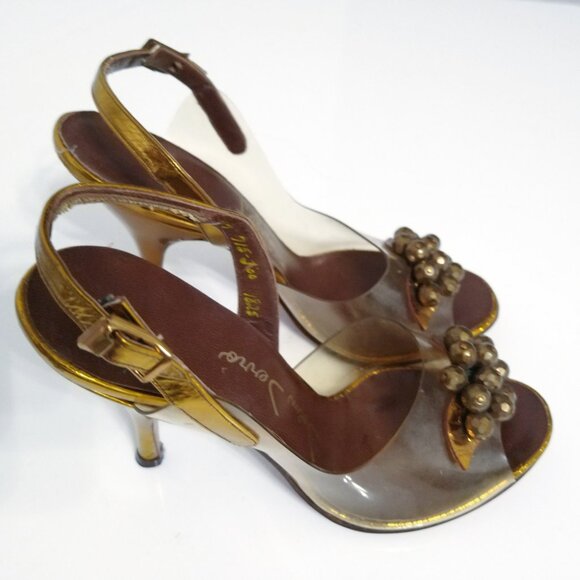 1950s Vintage Leather Sling Back Open Toe Clear Vinyl High Heels - Picture 3 of 6